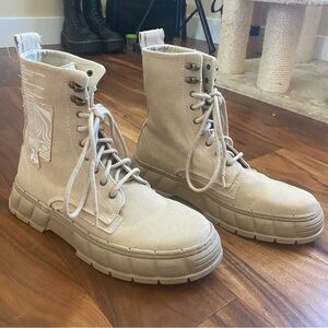 Unisex Beige Canvas Combat Boots